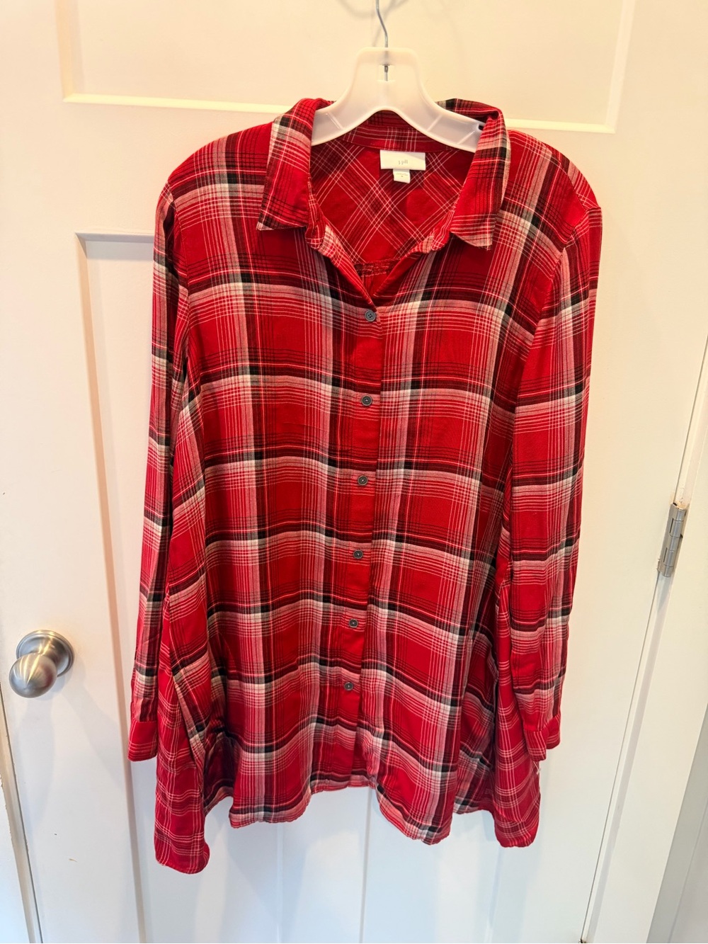 J.Jill Red Plaid Rayon Button Front Tunic Shirt Blouse Medium